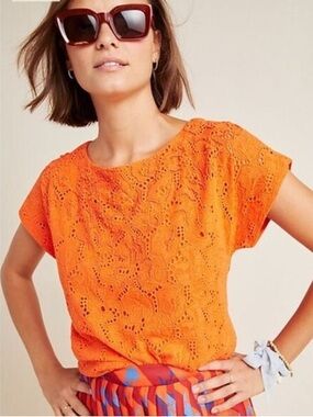 Maeve by Anthropologie Karine Sz 8 Orange Floral Embroidered Beaded Lace Blouse